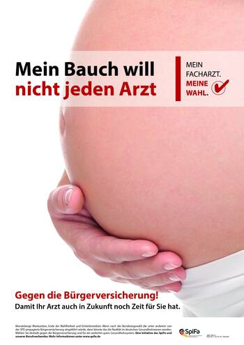 Plakatmotiv des SpiFa zur Bundestagswahl. Bauch einer Frau, Slogan: Mein Bauch will nicht jeden Arzt.